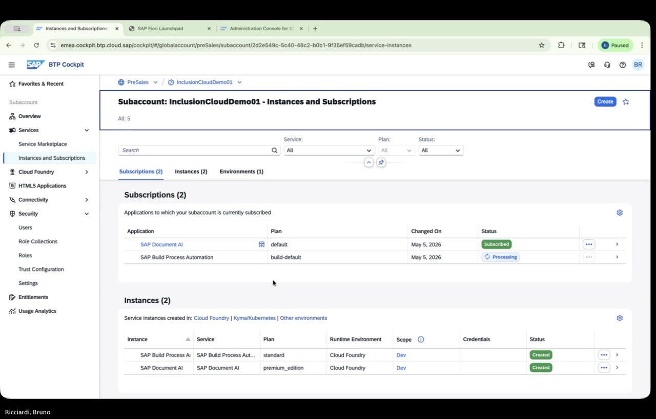 Instances and Subscriptions overview showing all services and statuses