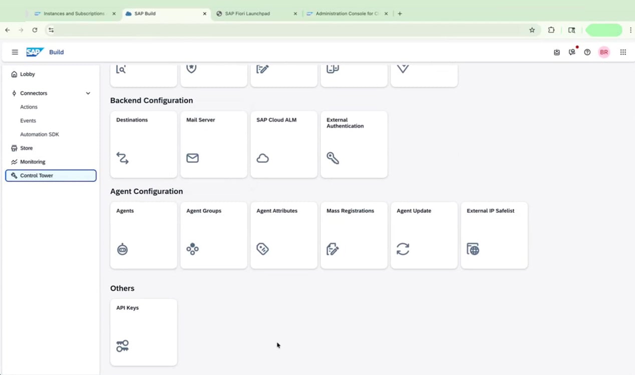 Control Tower configuration overview showing all available tiles