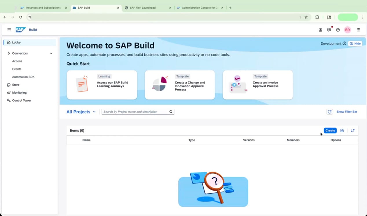 SAP Build lobby with project creation options