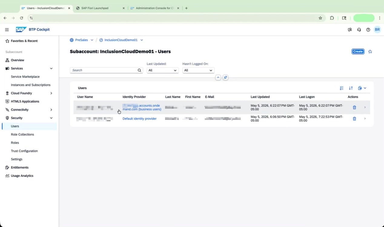 Users screen showing business user accounts and identity providers