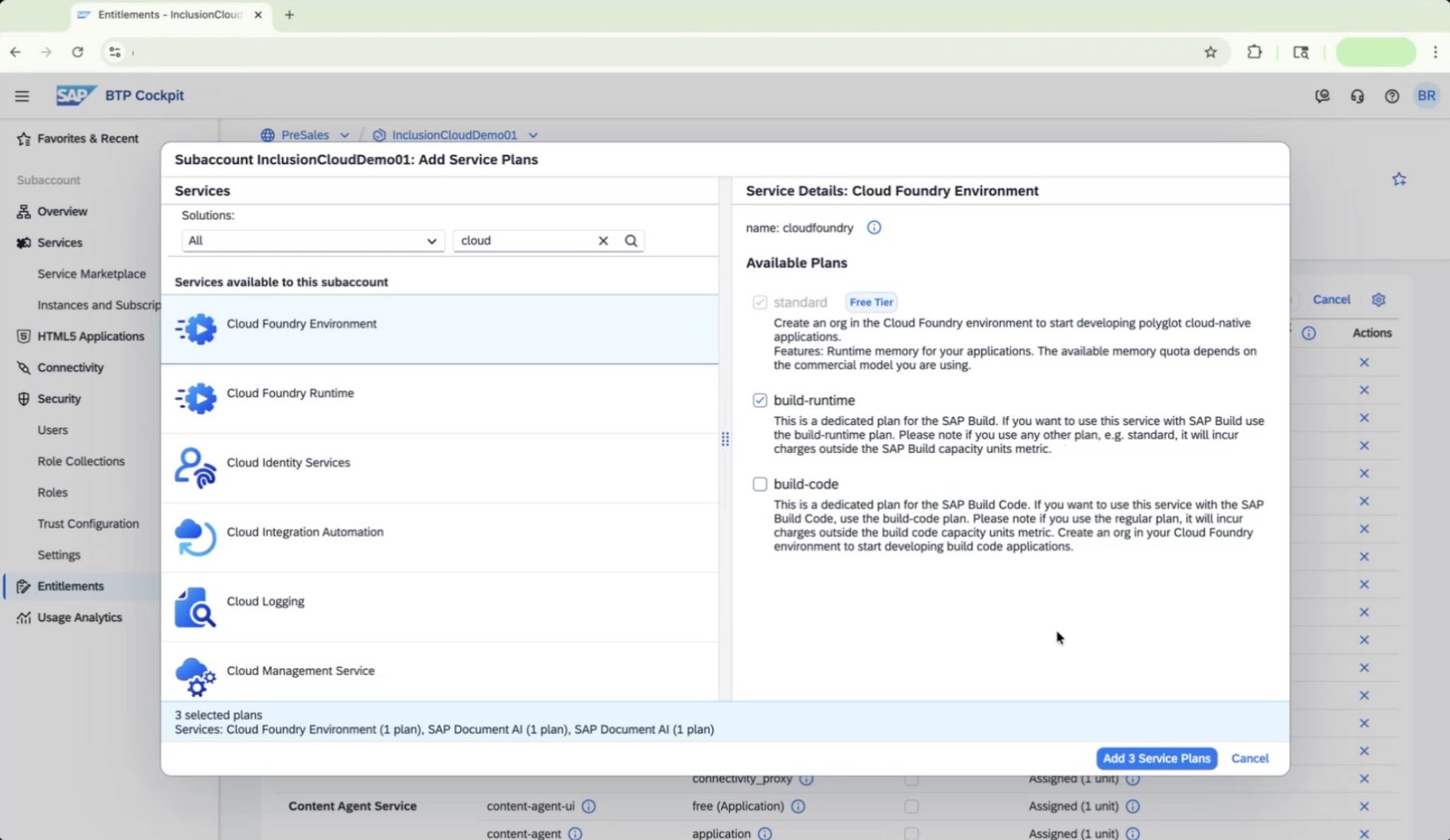 Add Service Plans dialog with Cloud Foundry Environment and build-runtime plan selected