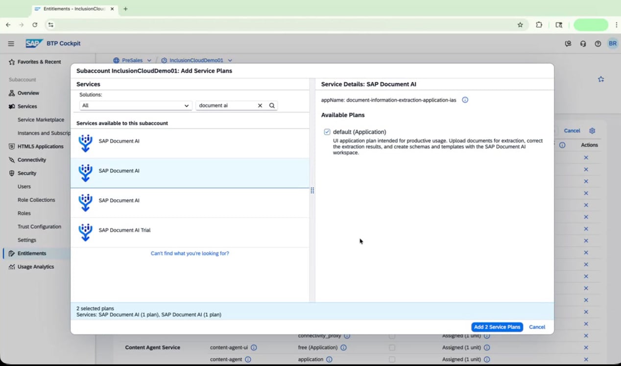 Add Service Plans dialog with SAP Document AI (IAS) and default plan selected