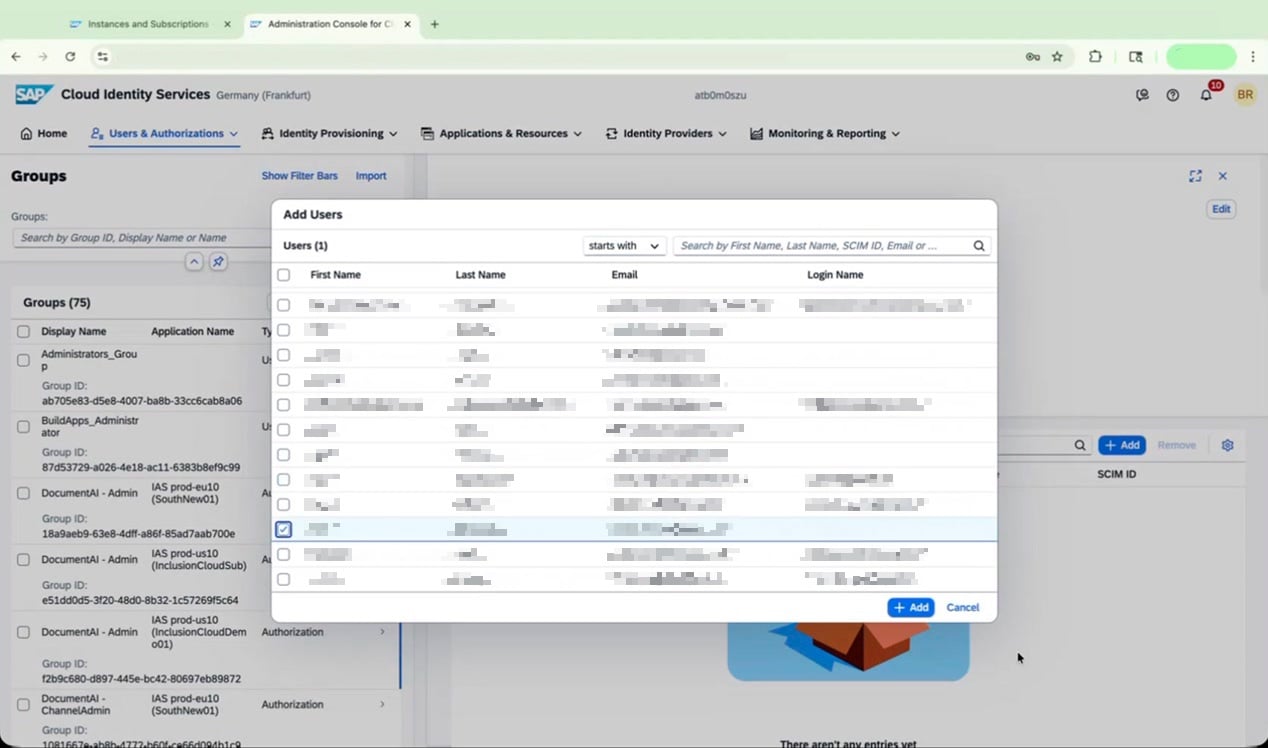 Add Users dialog with user selected for DocumentAI - Admin group