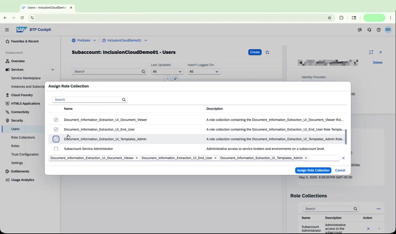 Assign Role Collection dialog with three Document AI roles selected