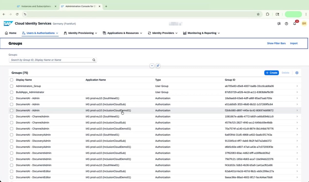 Cloud Identity Services dashboard with Groups selected