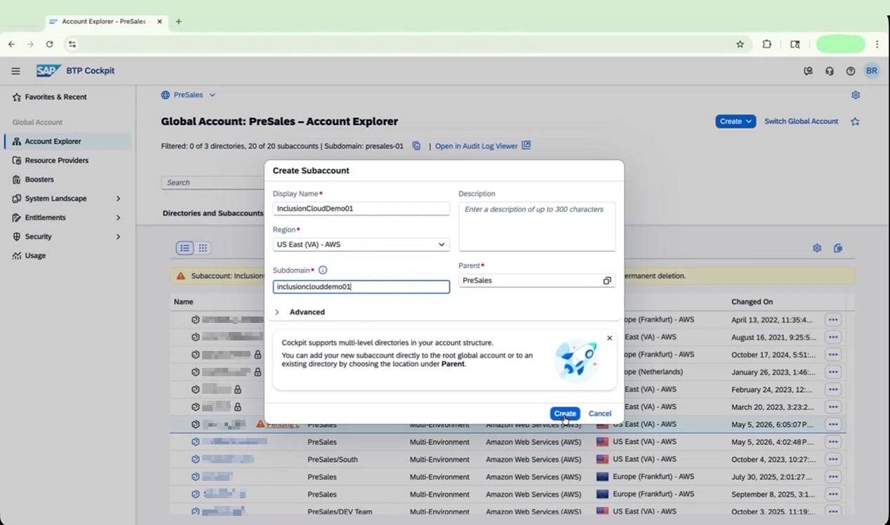 Create Subaccount dialog