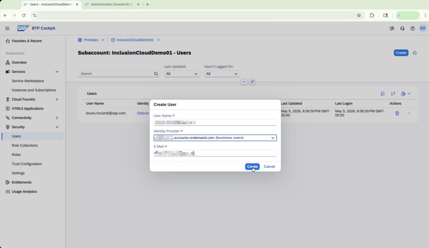 Create User dialog with user details entered