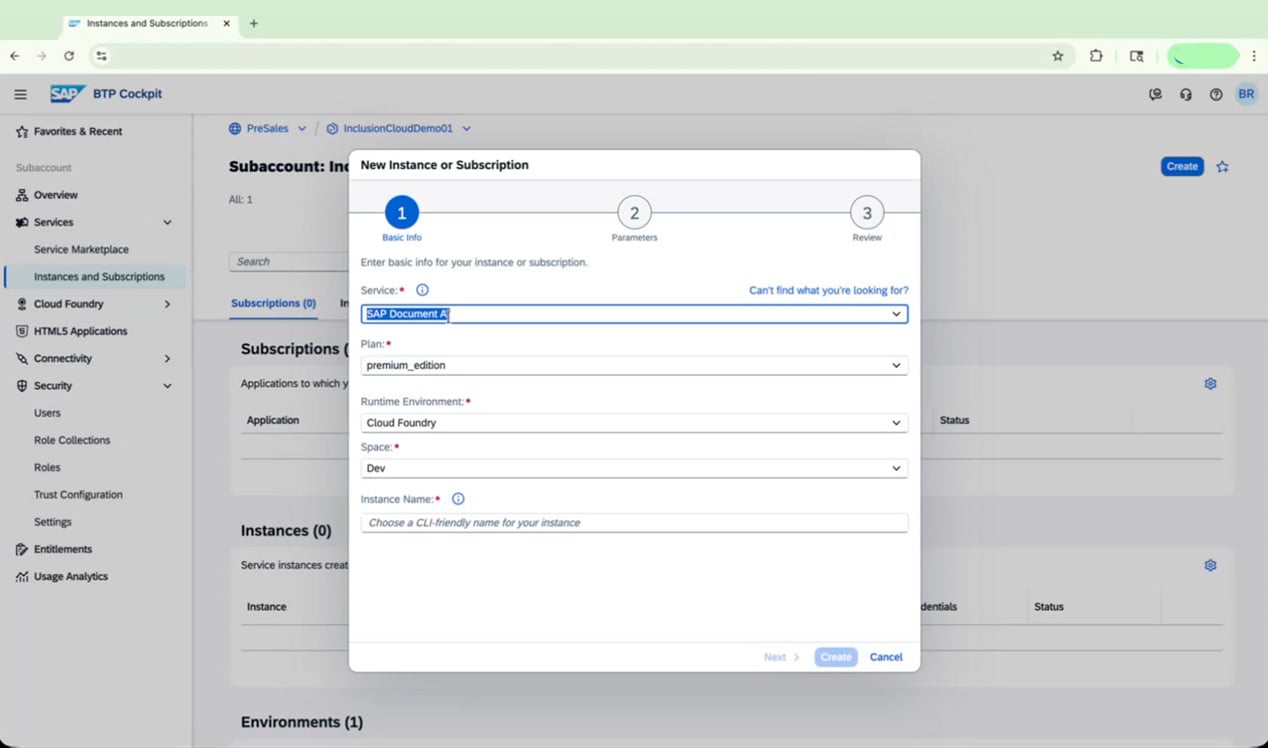 Dialog filled with instance configuration details