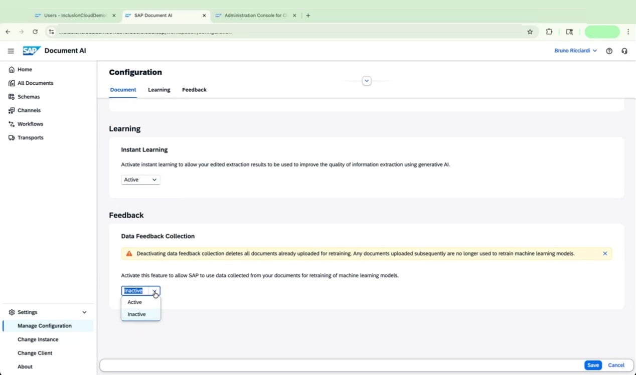 Data Feedback Collection dropdown set to Active