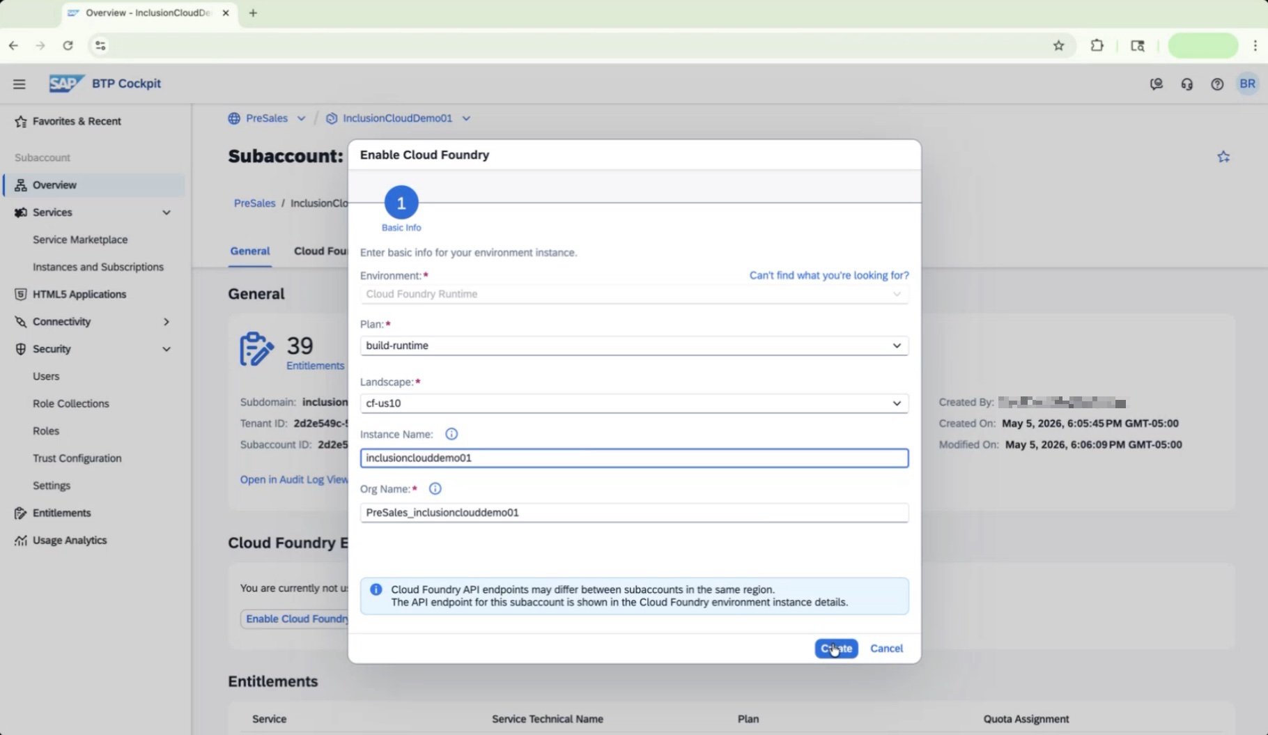 Enable Cloud Foundry dialog with build-runtime plan and org name filled in