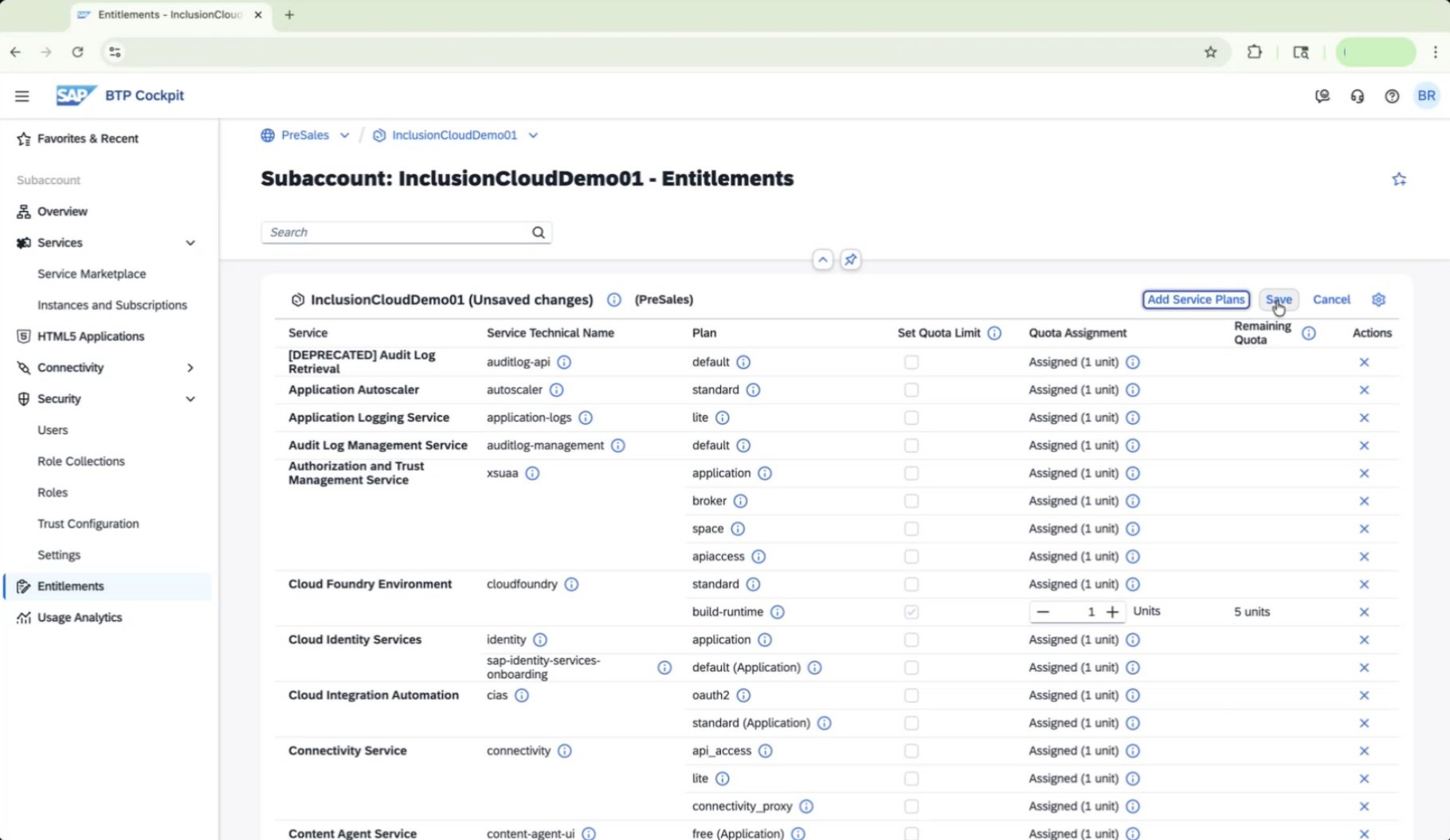 Entitlements overview with "Saving assignments" indicator