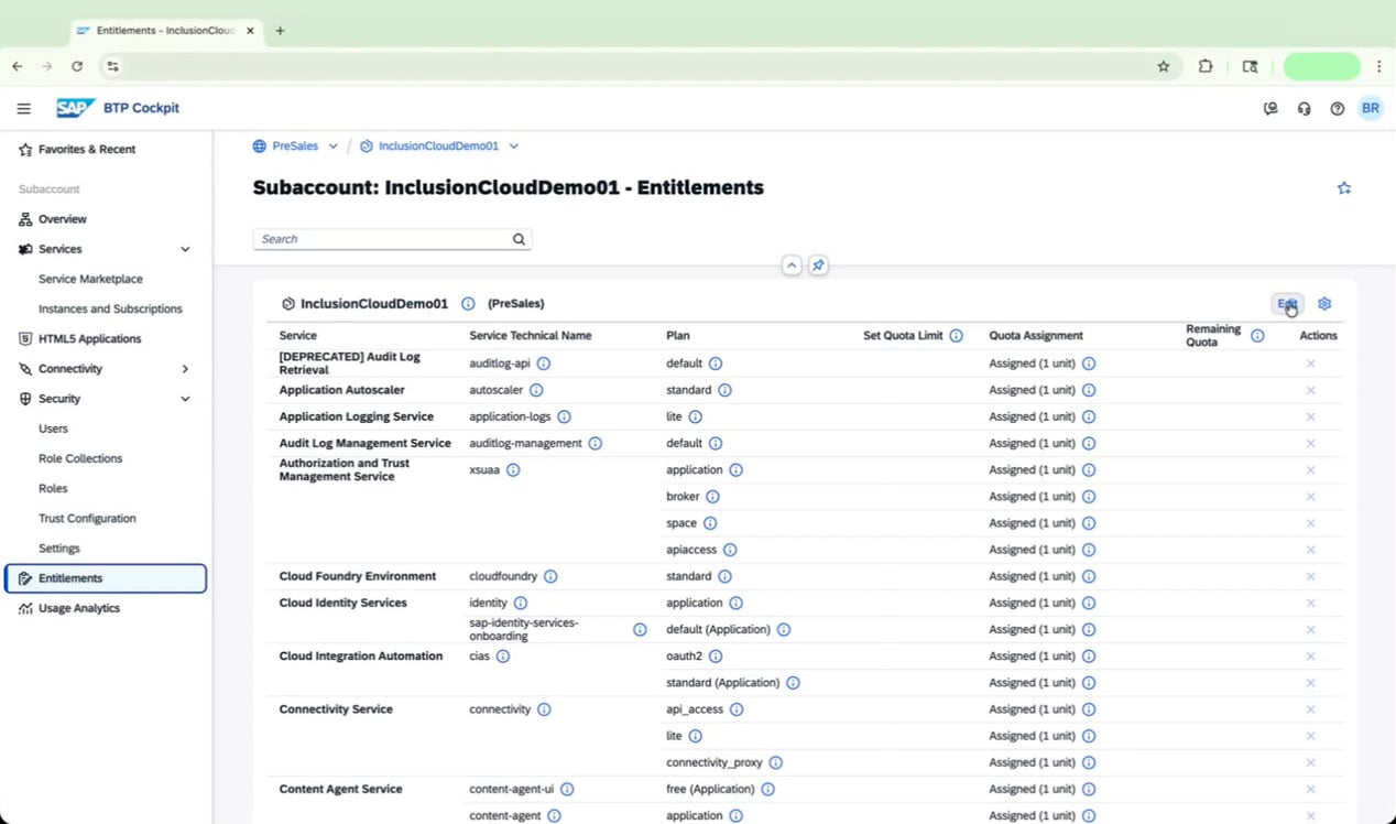 Entitlements page with Edit button highlighted