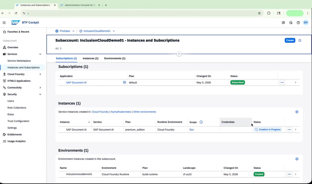 Instances and Subscriptions showing Subscribed and Creation in Progress statuses