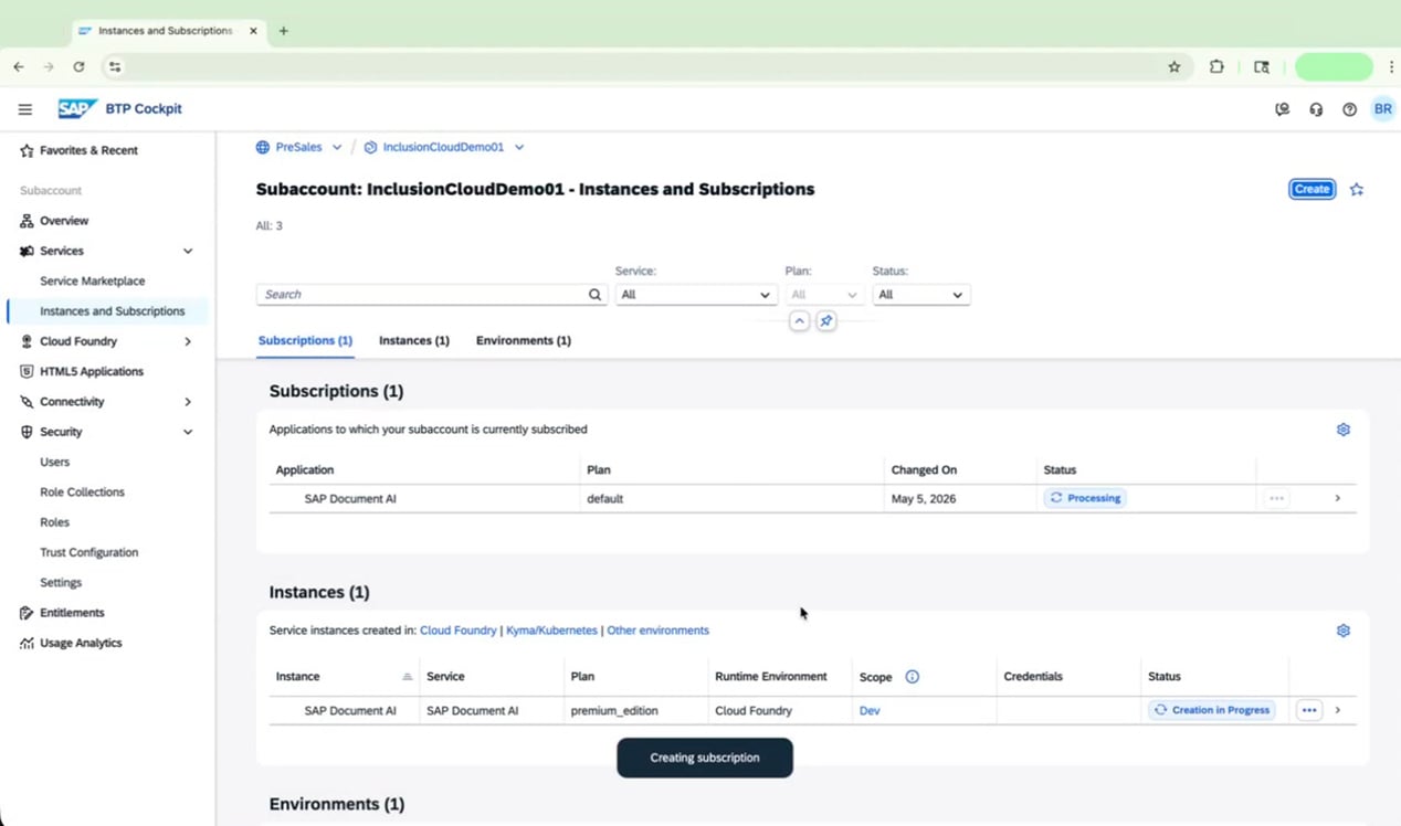 Both subscription and instance shown in processing states