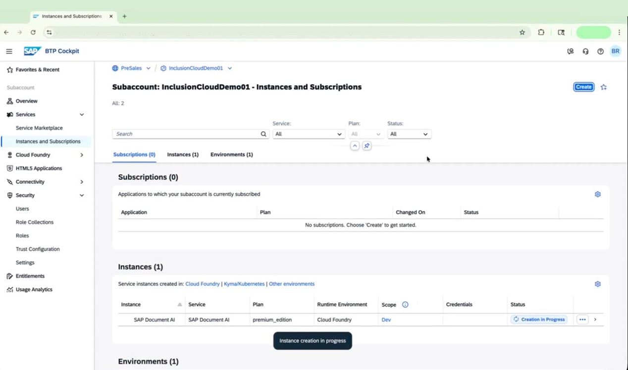 Instances list showing new instance with Creation in Progress status