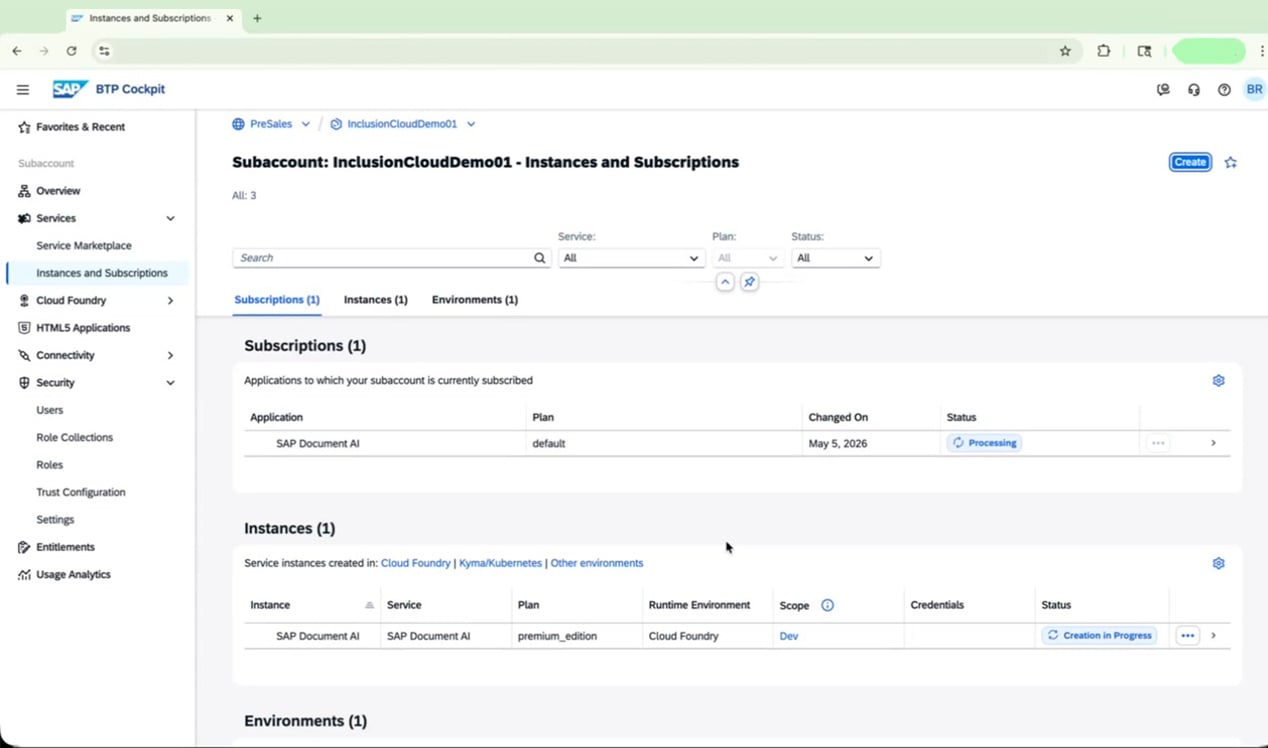 Instances and Subscriptions page with both entries still processing