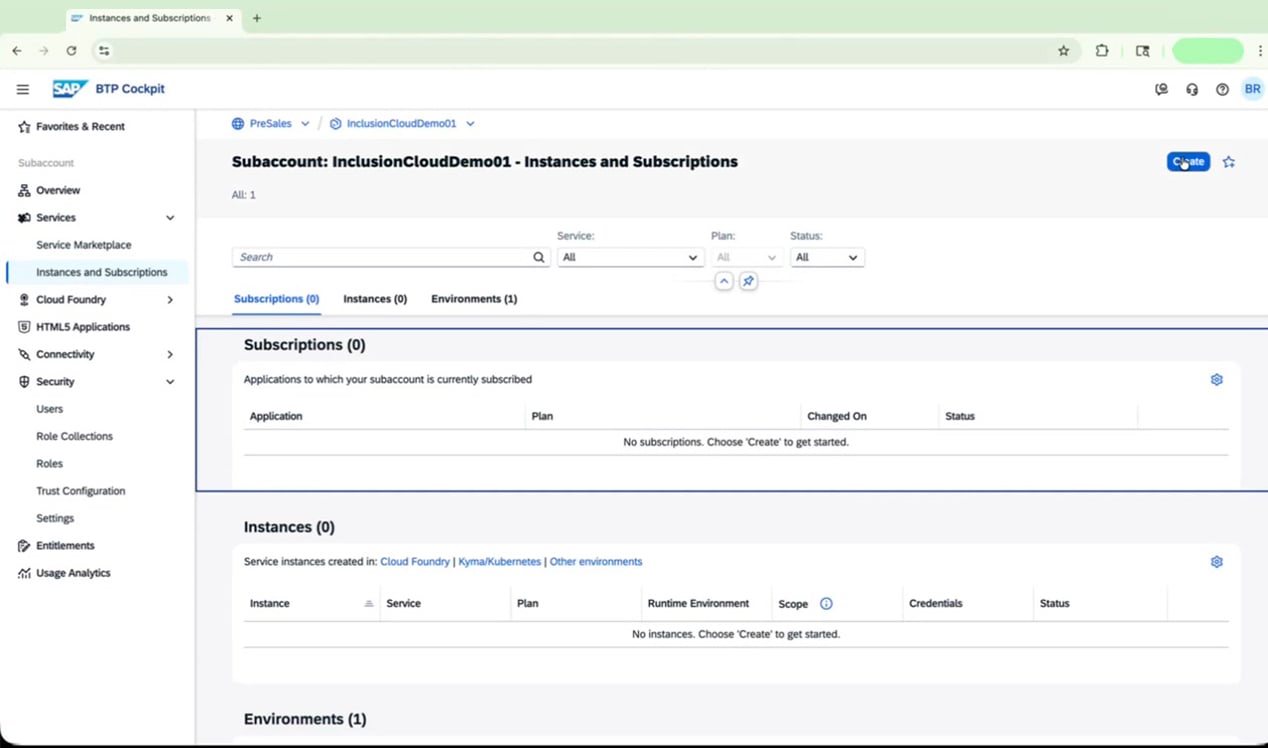 Instances and Subscriptions page with Create button highlighted