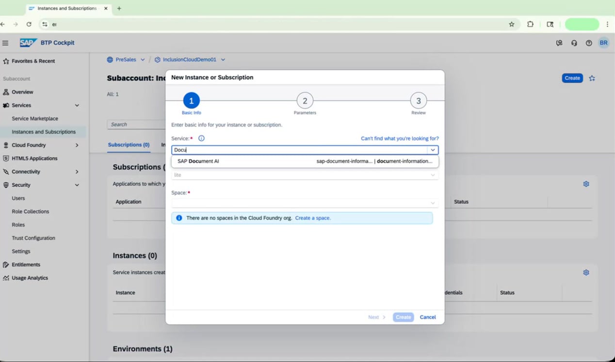 New Instance or Subscription dialog with SAP Document AI selected
