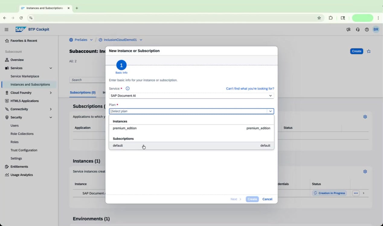 Plan selection showing default option for subscriptions