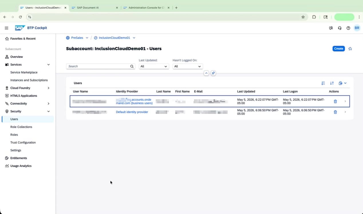 SAP BTP Cockpit Users screen showing user list and details