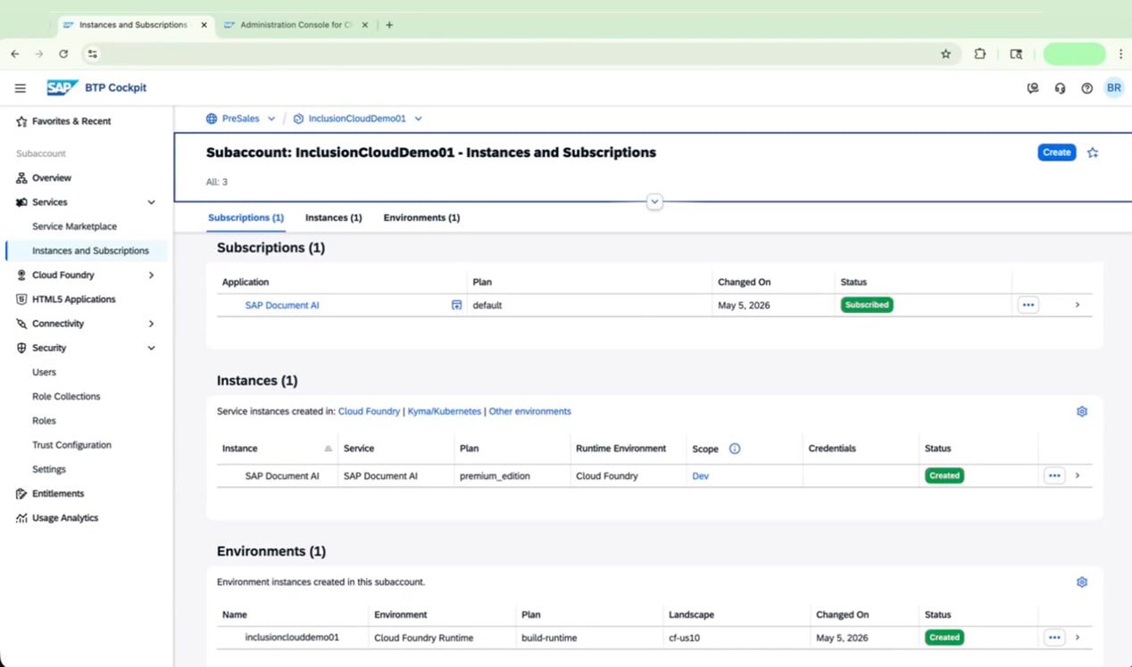 Instances and Subscriptions showing SAP Document AI subscribed and instance created