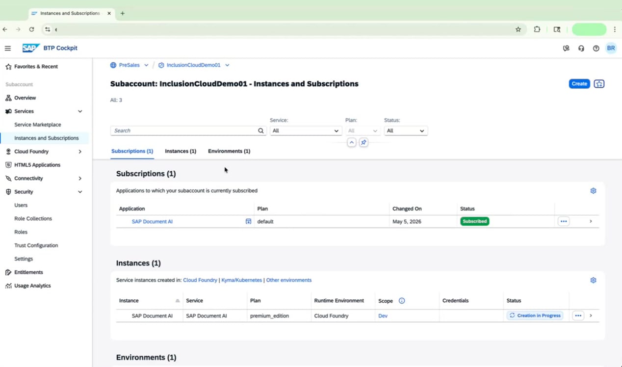 SAP Document AI subscription showing Subscribed status