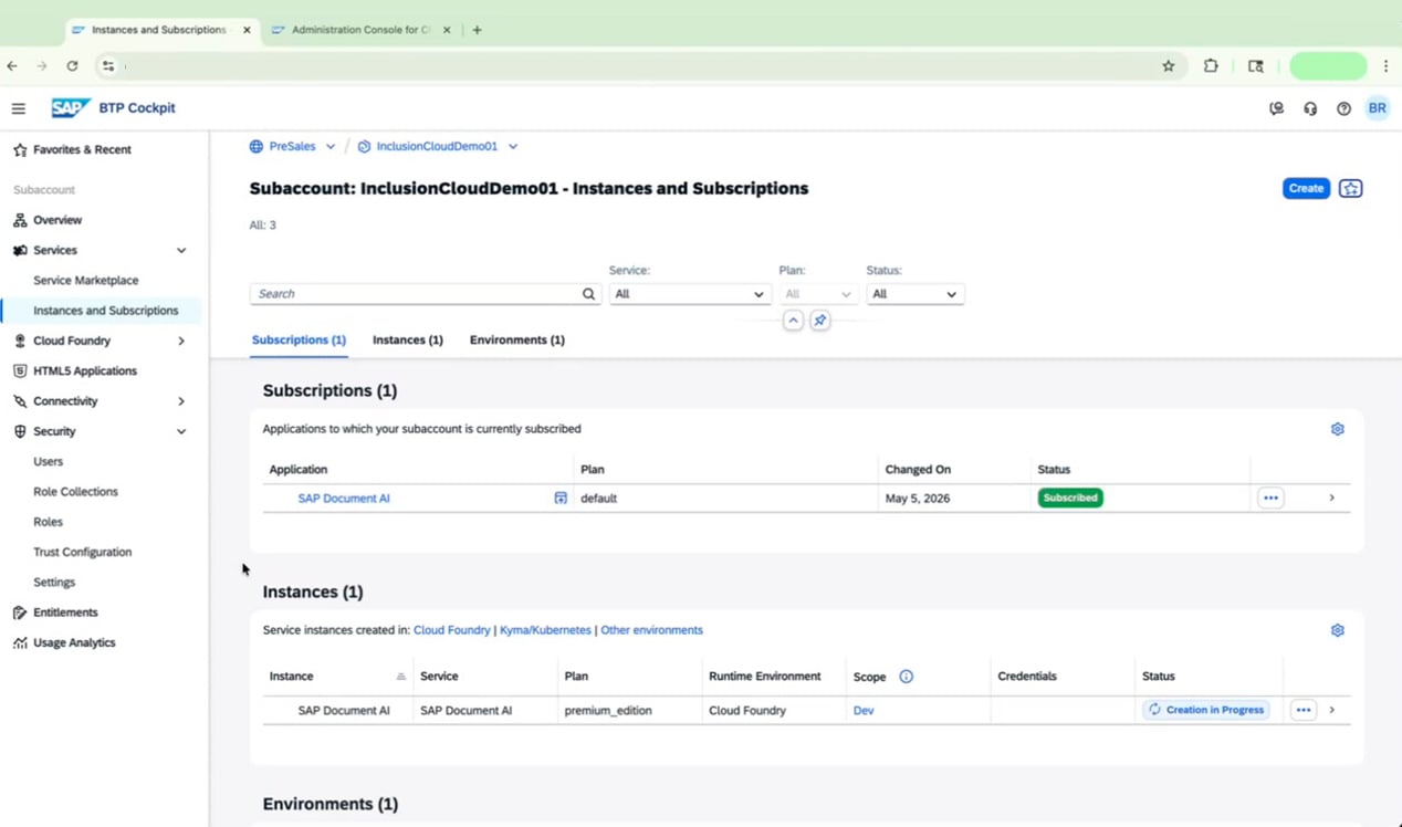 SAP BTP Cockpit showing updated subscription and instance status