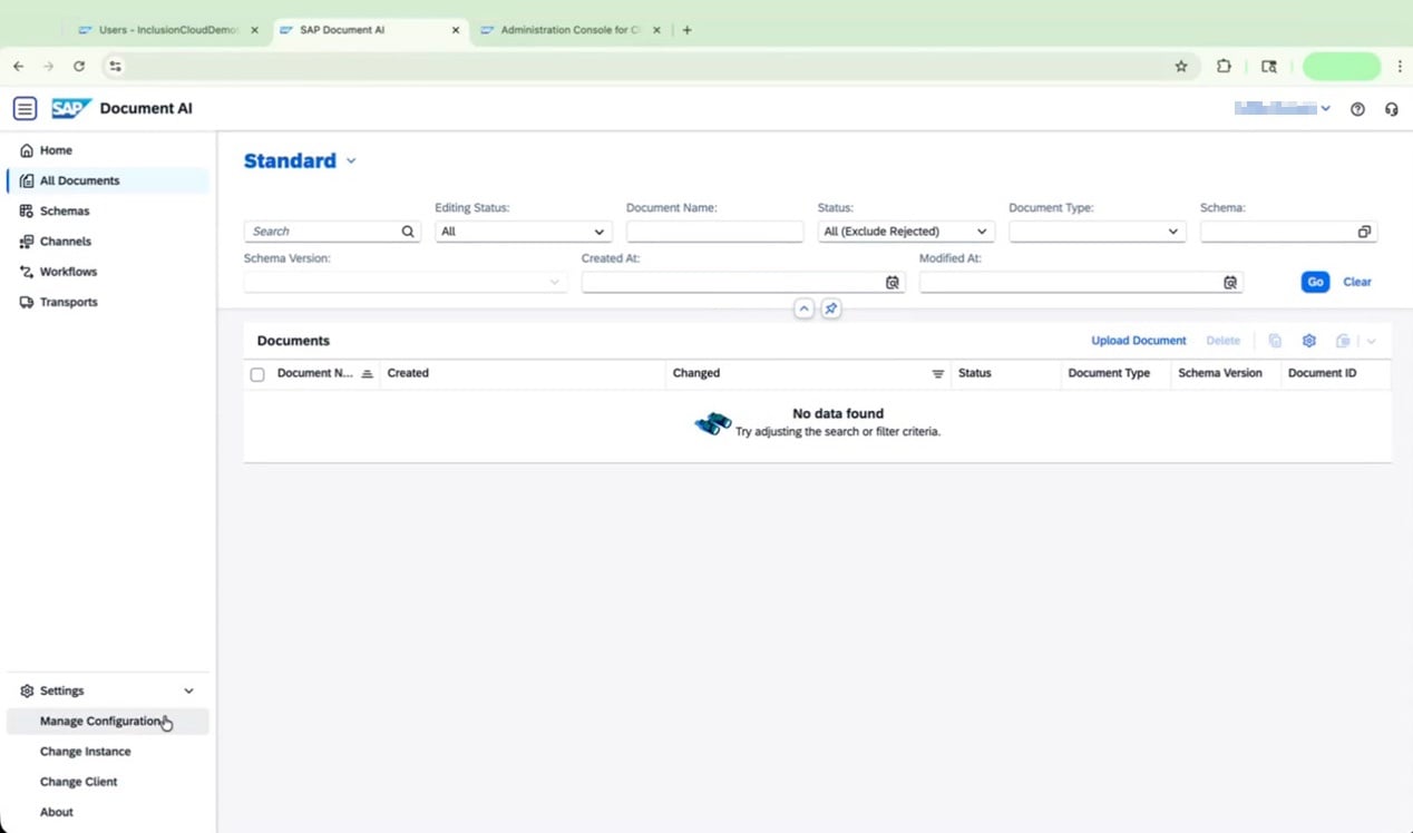Document AI admin UI with search, filters, and sidebar navigation