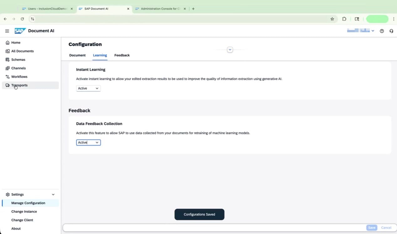 Configuration screen showing Instant Learning and Data Feedback both set to Active, with Configurations Saved message