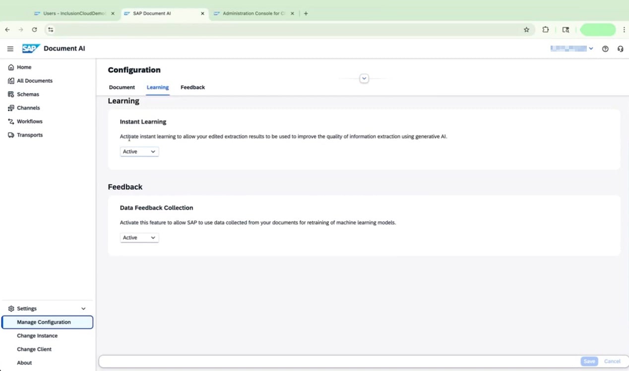 Configuration screen with Learning and Feedback tabs, both set to Active
