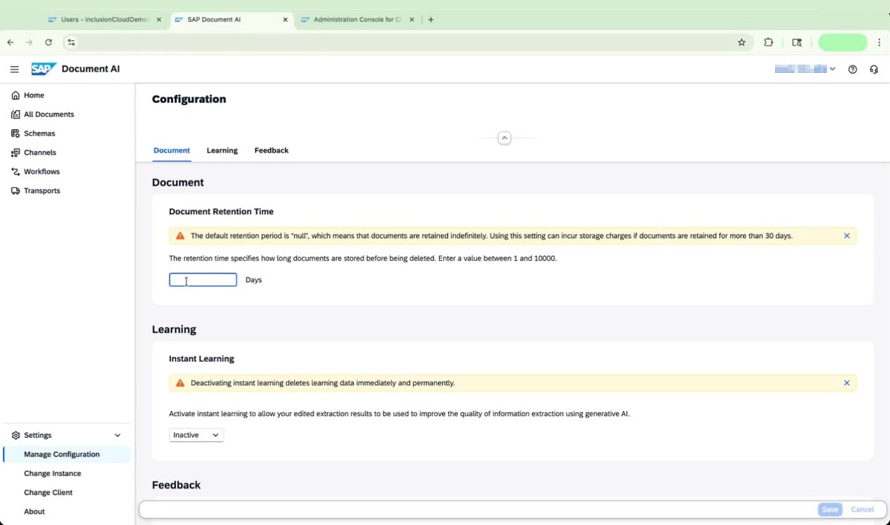Configuration screen with retention, instant learning, and feedback settings
