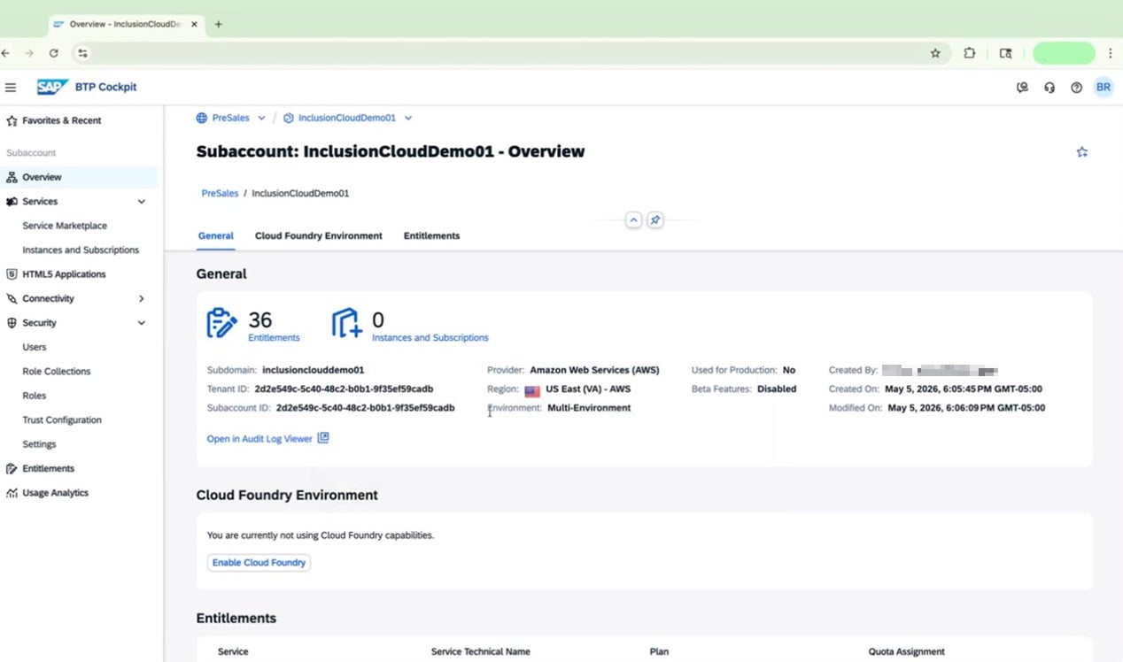 Sub-account overview page for InclusionCloudDemo01