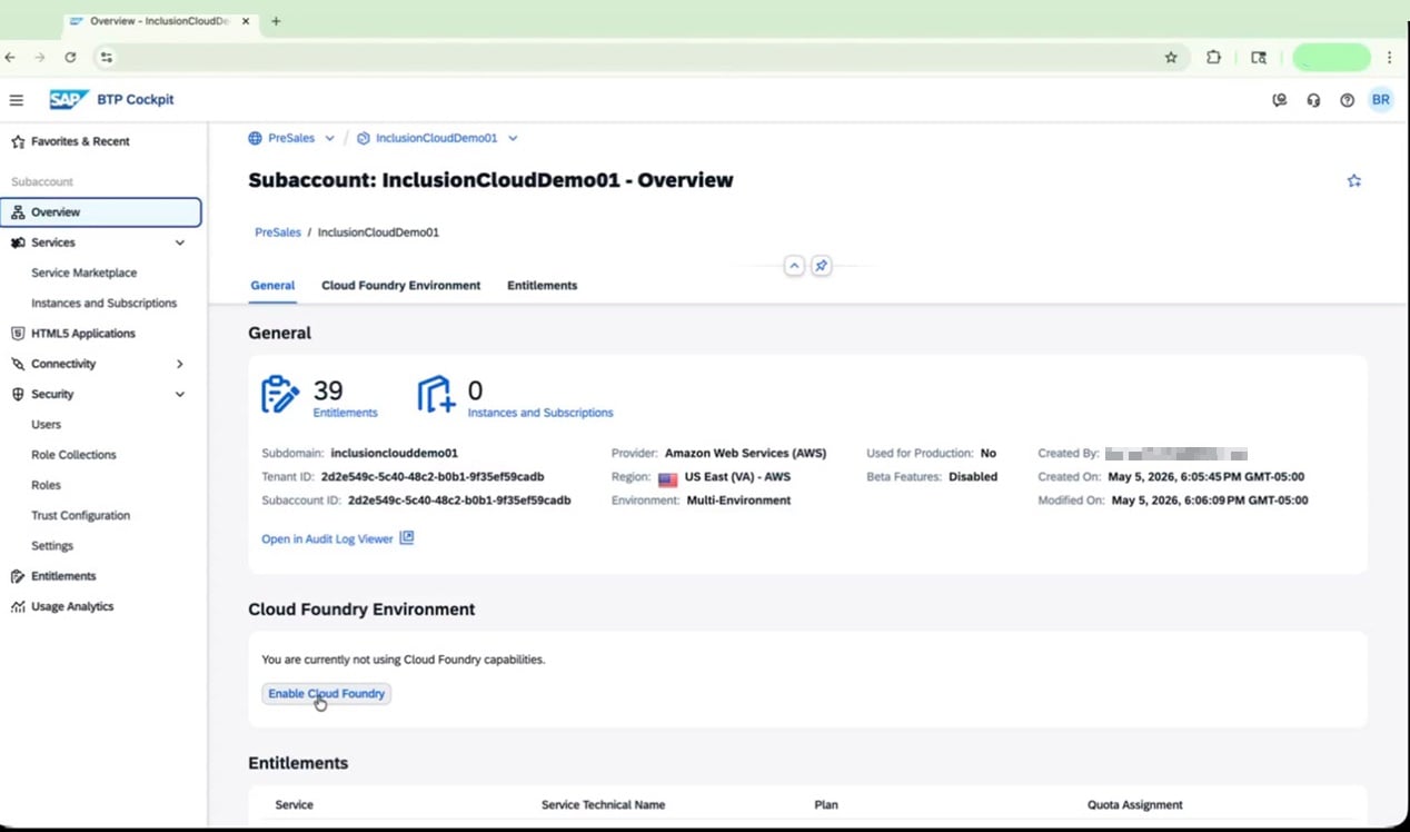 Sub-account Overview with "Enable Cloud Foundry" button