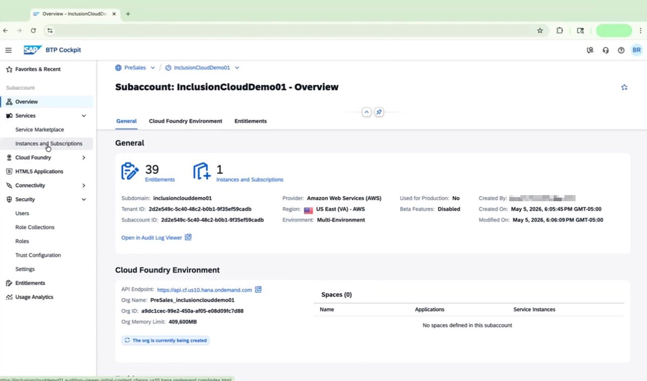 Subaccount overview showing general details and Cloud Foundry environment