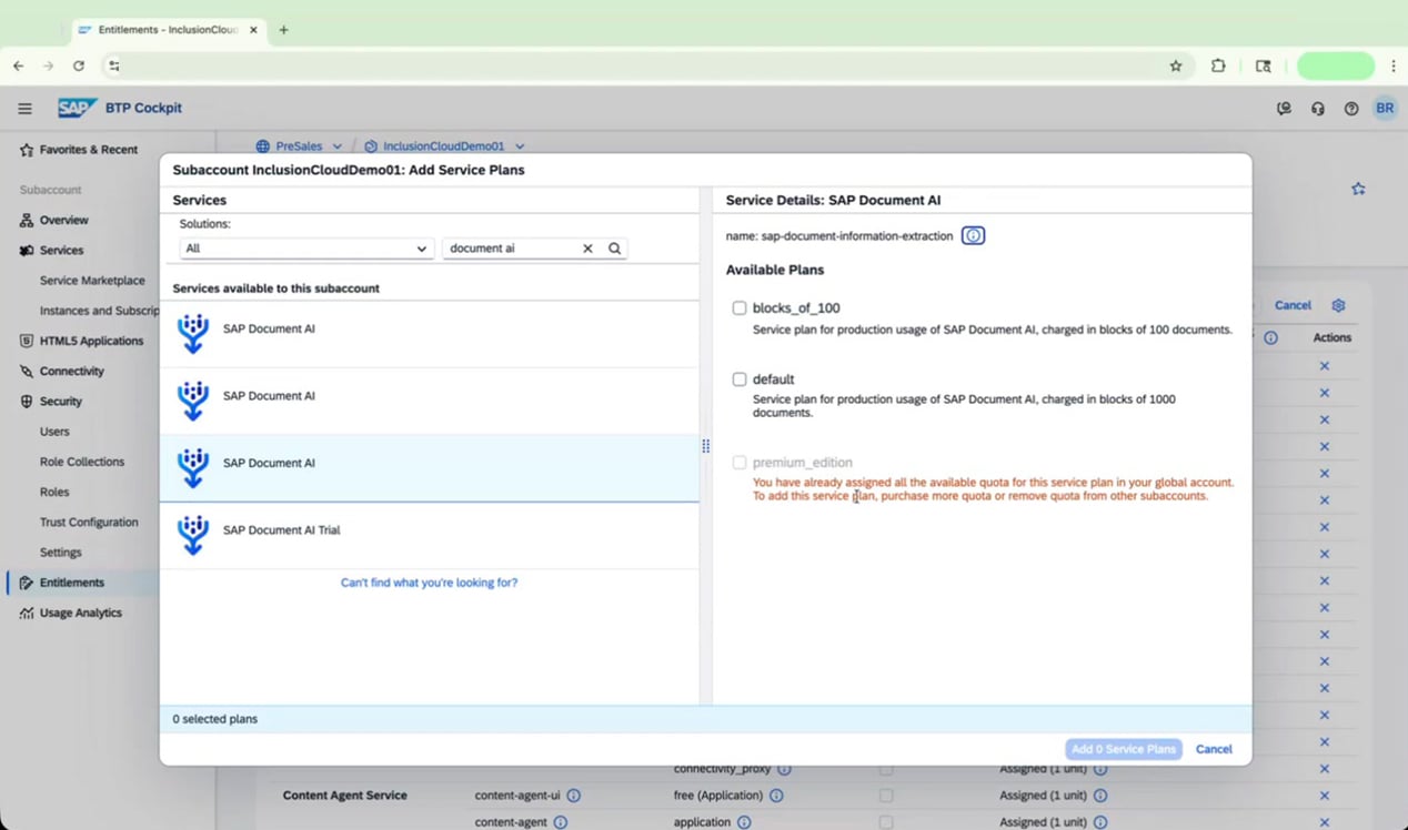 SAP Document AI selected with quota warning for premium_edition