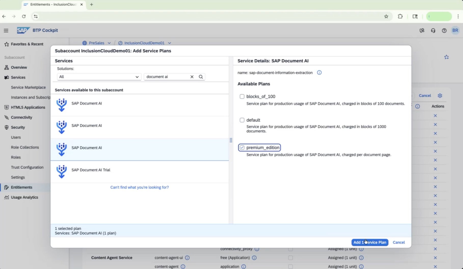 Add Service Plans dialog with "document" search results