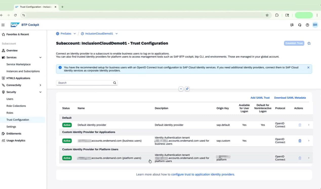 Trust Configuration page showing identity providers