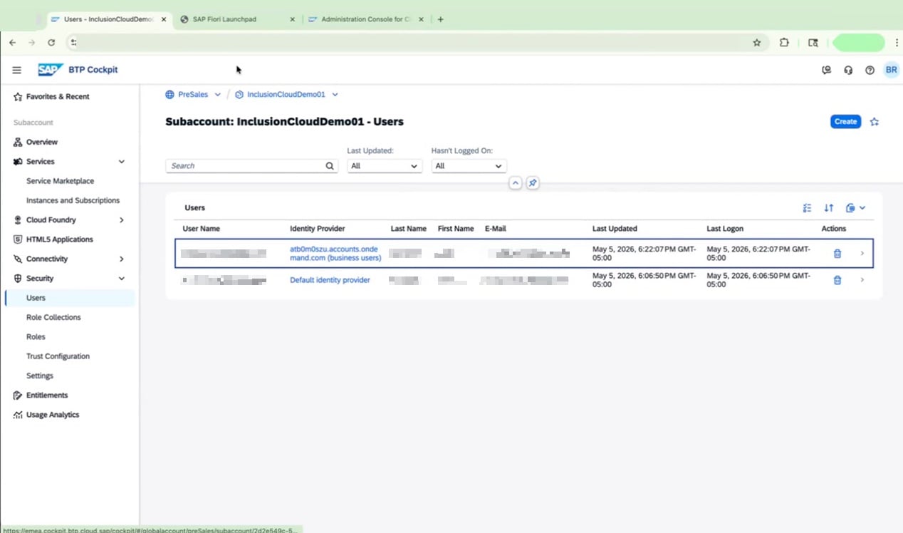 Users list showing business user and default identity provider for comparison