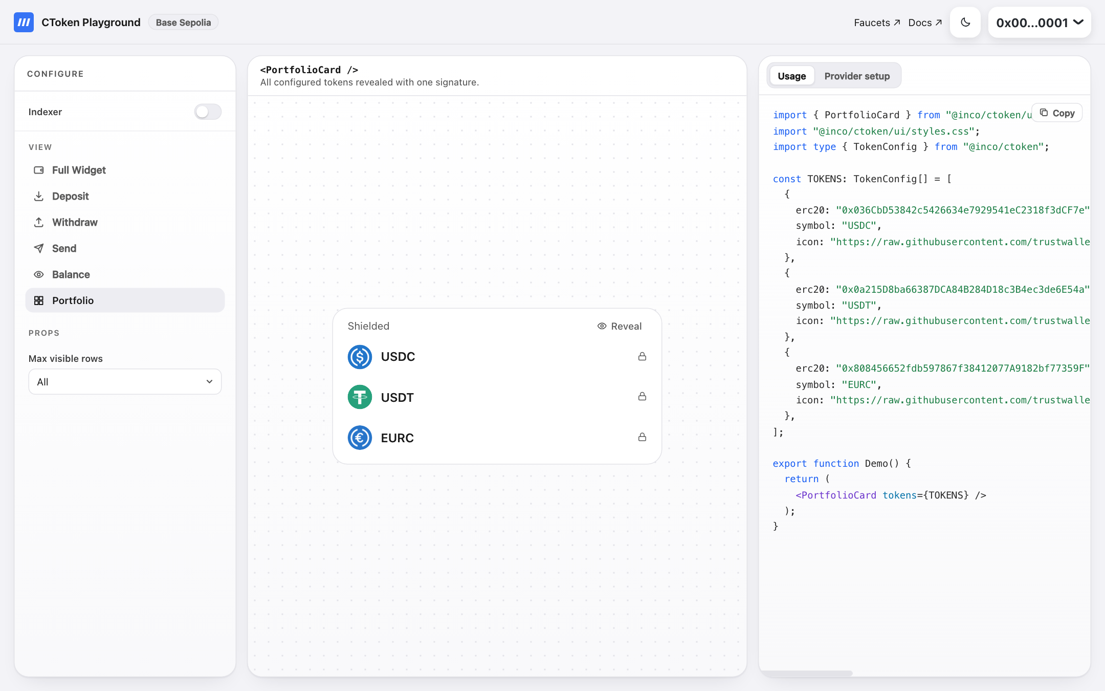 CToken Playground with token controls, widget preview, and integration code