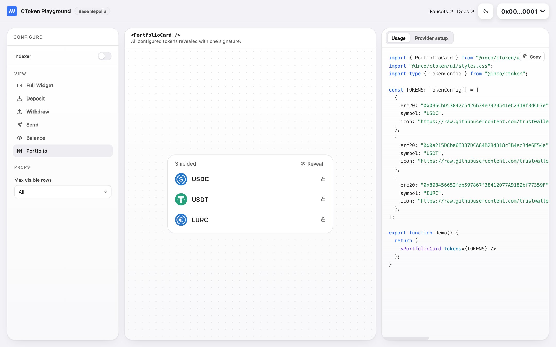 cToken playground showing the component preview and usage code