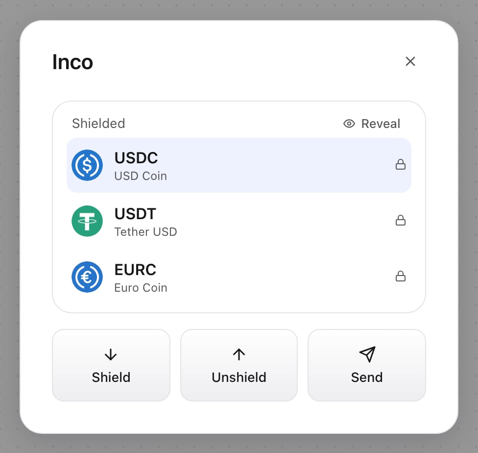 Confidential wallet showing USDC, USDT, and EURC with shield, send, and unshield actions