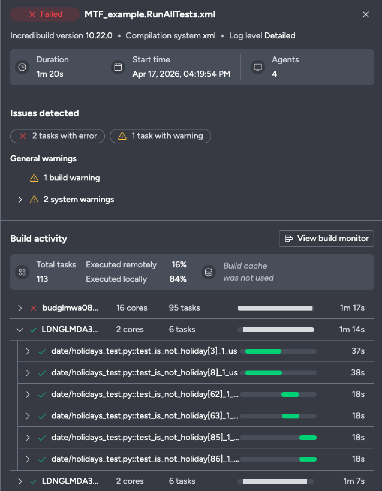 Build details panel showing summary, issues detected, and build activity with a per-agent task breakdown