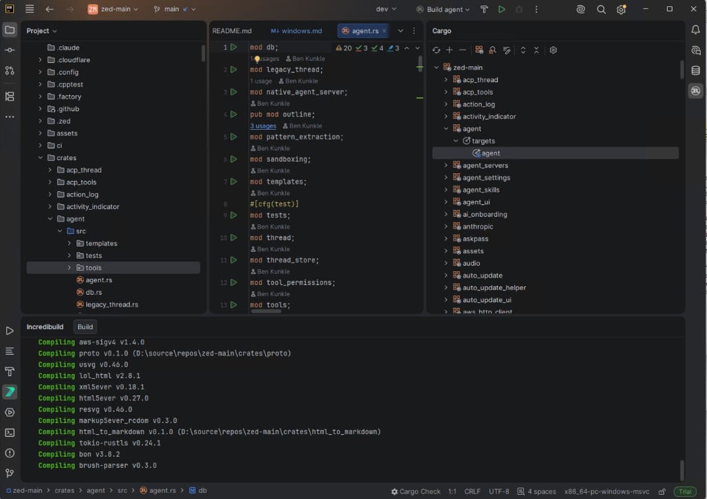 RustRover with the Incredibuild output pane