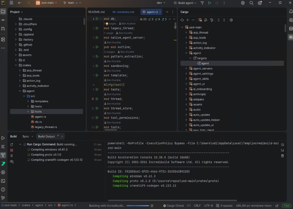 RustRover Build Output pane showing an Incredibuild-accelerated build