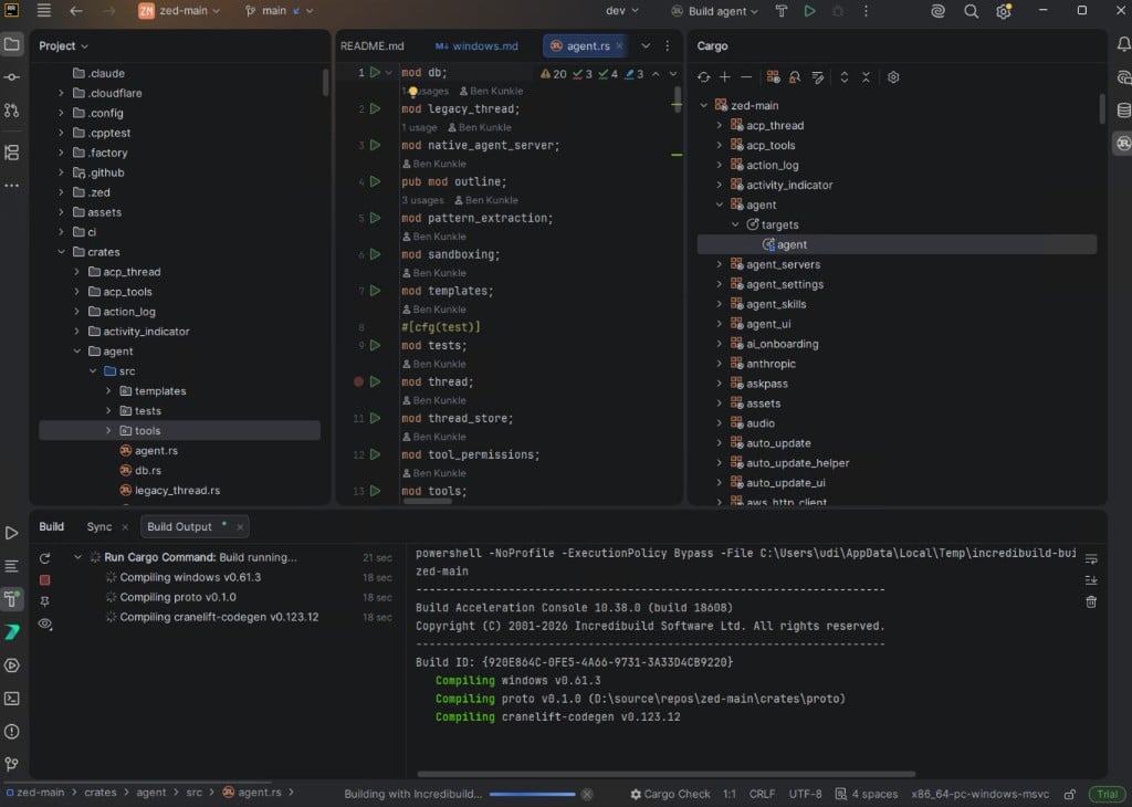 RustRover Build Output pane showing an Incredibuild-accelerated build