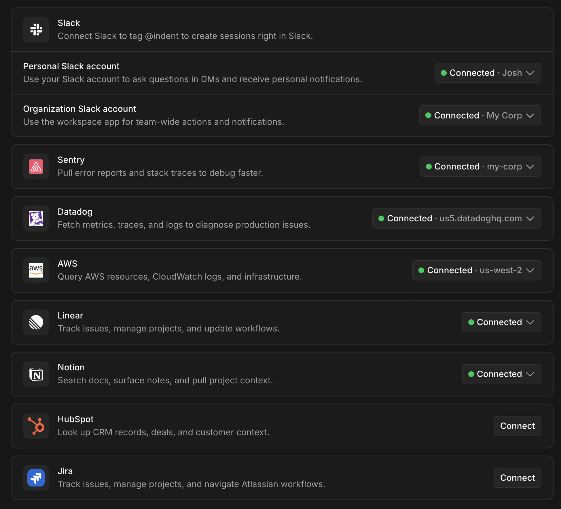 Settings > Integrations page showing available integrations
