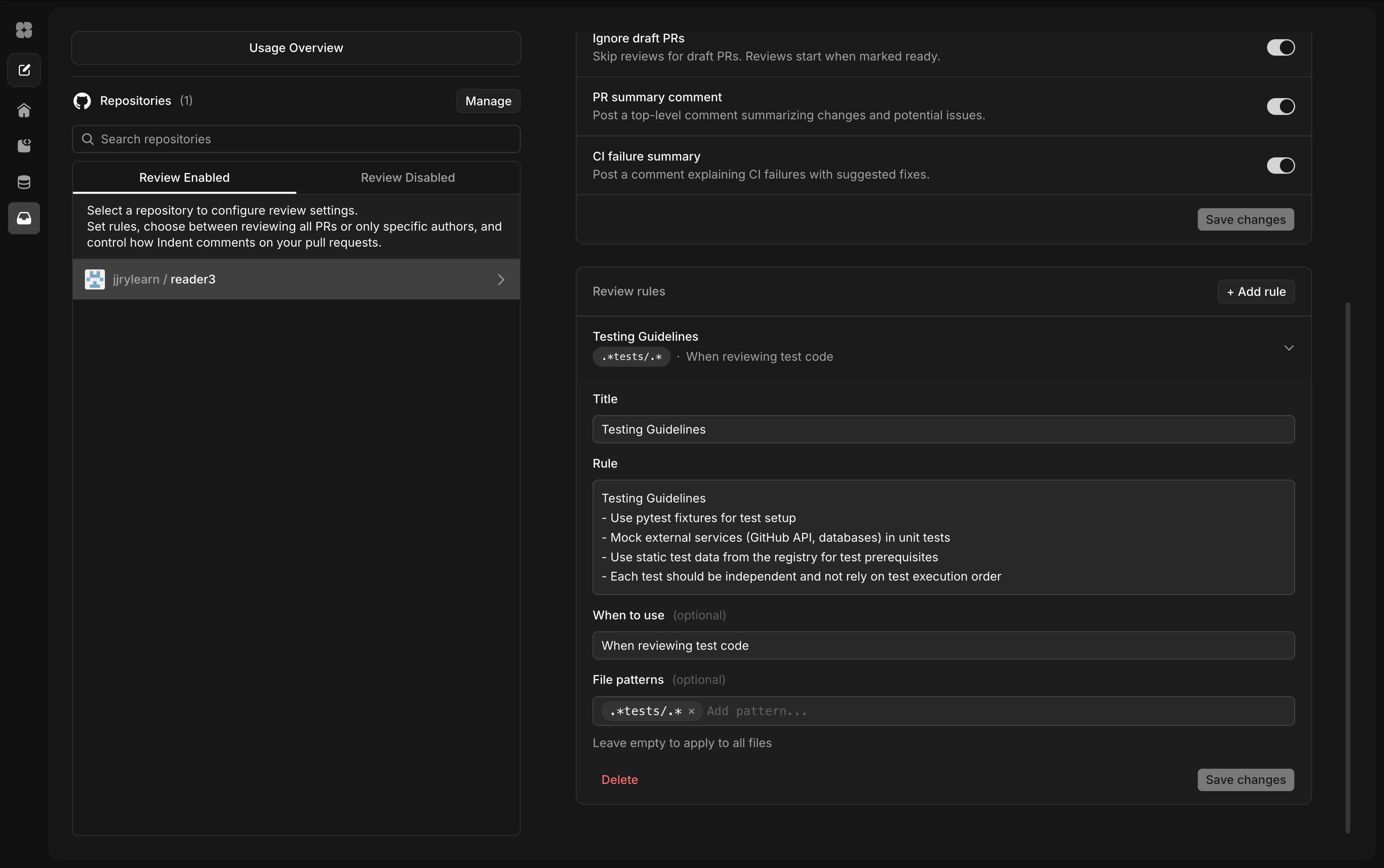 Adding a review rule with title, description, and file patterns
