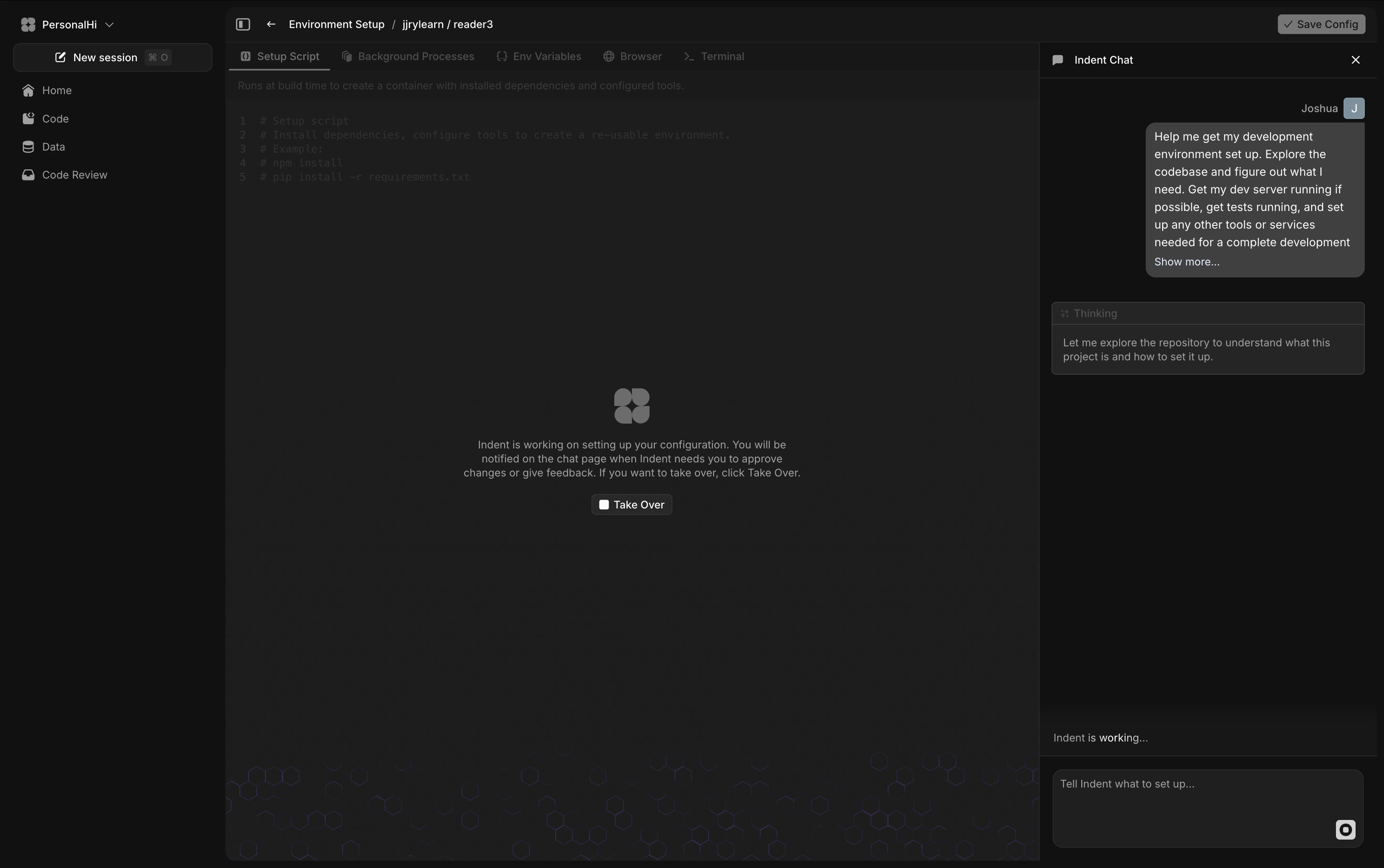 Environment Setup page with the setup chat attached
