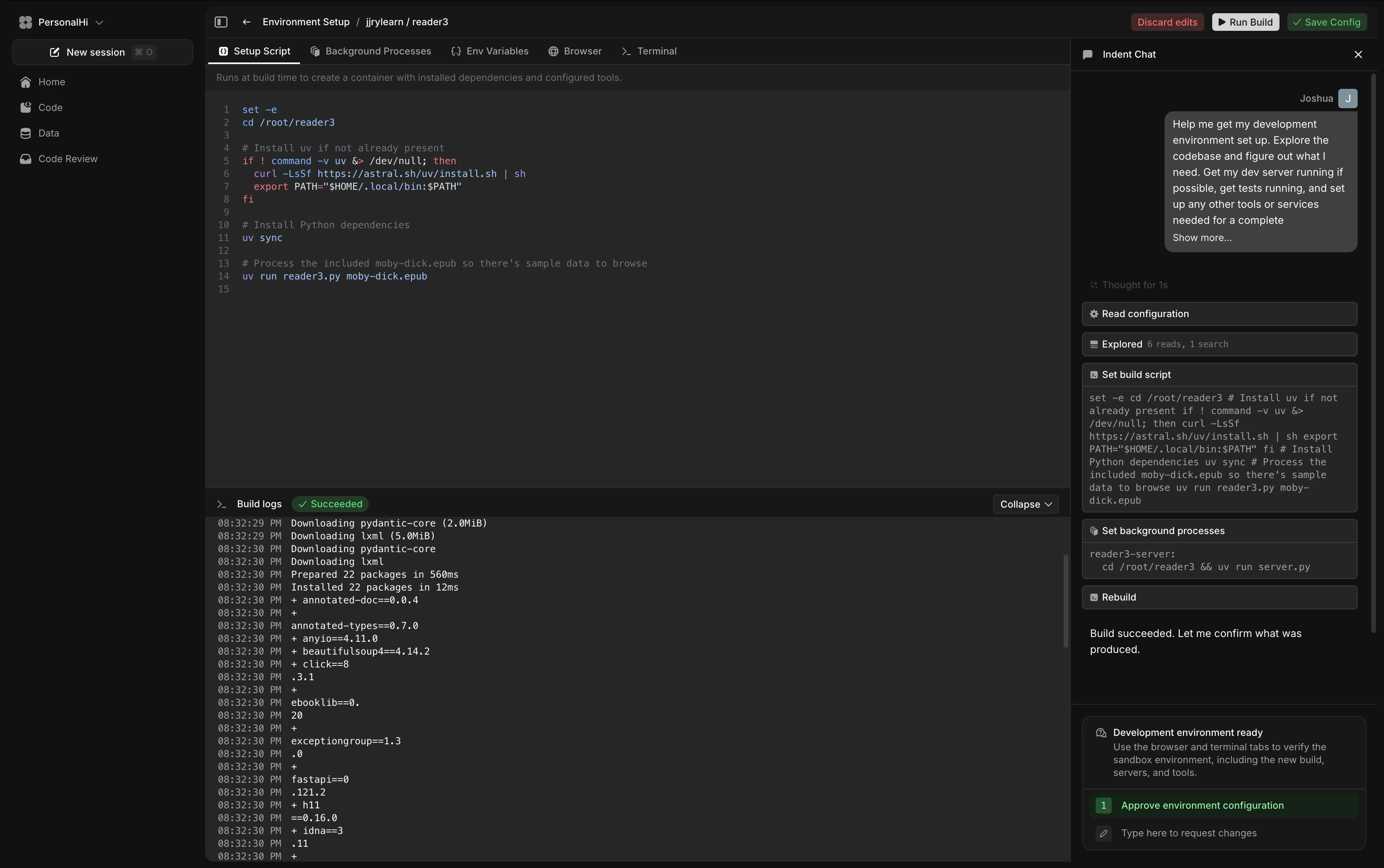 Environment Setup page during a build with build logs visible
