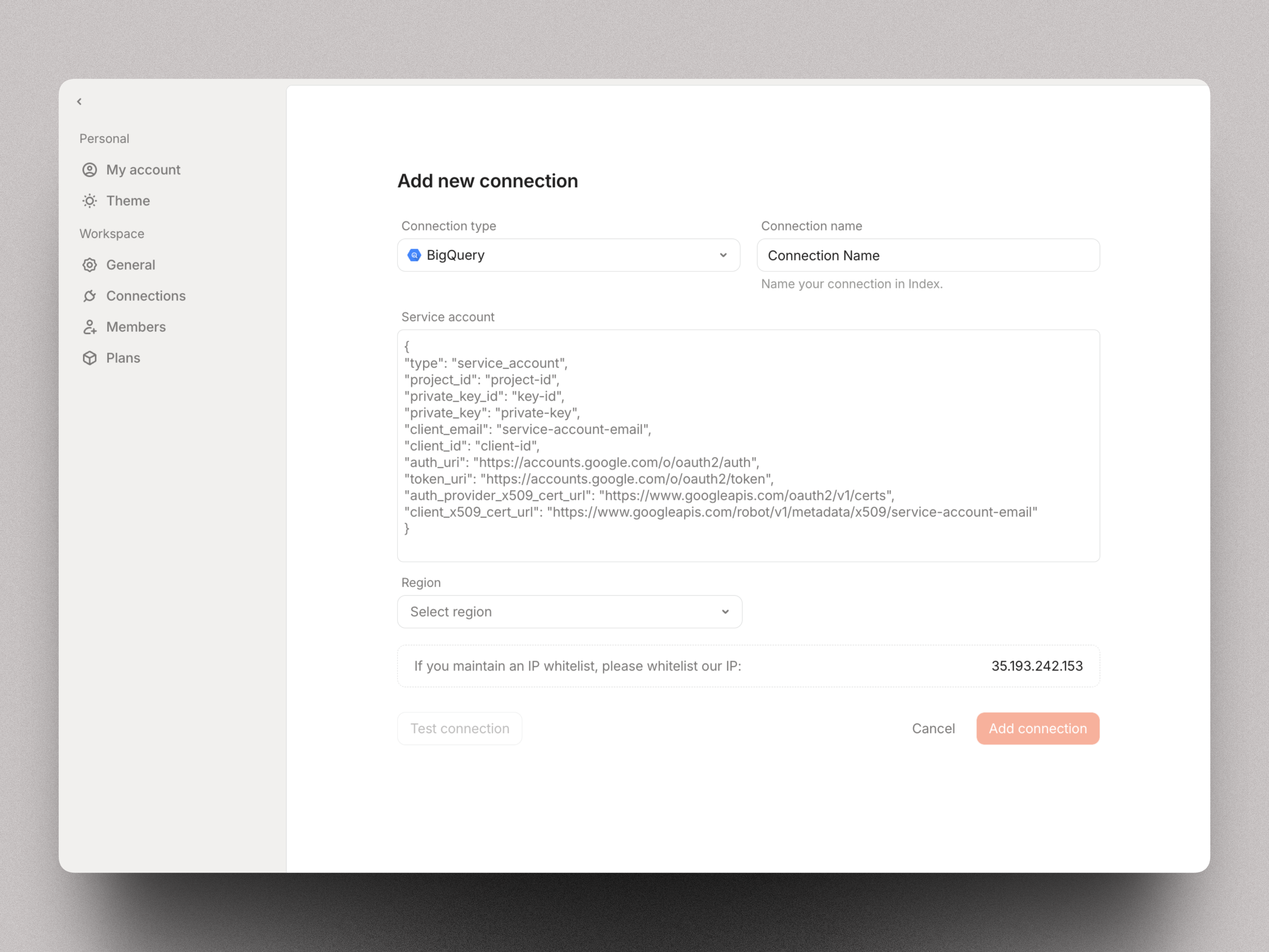 BigQuery Connection on Index